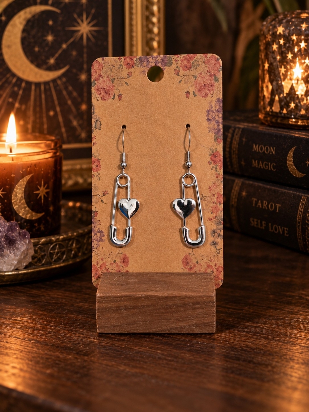 Silver Safety Pin Heart Dangle Earrings Y2K Whimsigoth Punk Alternative